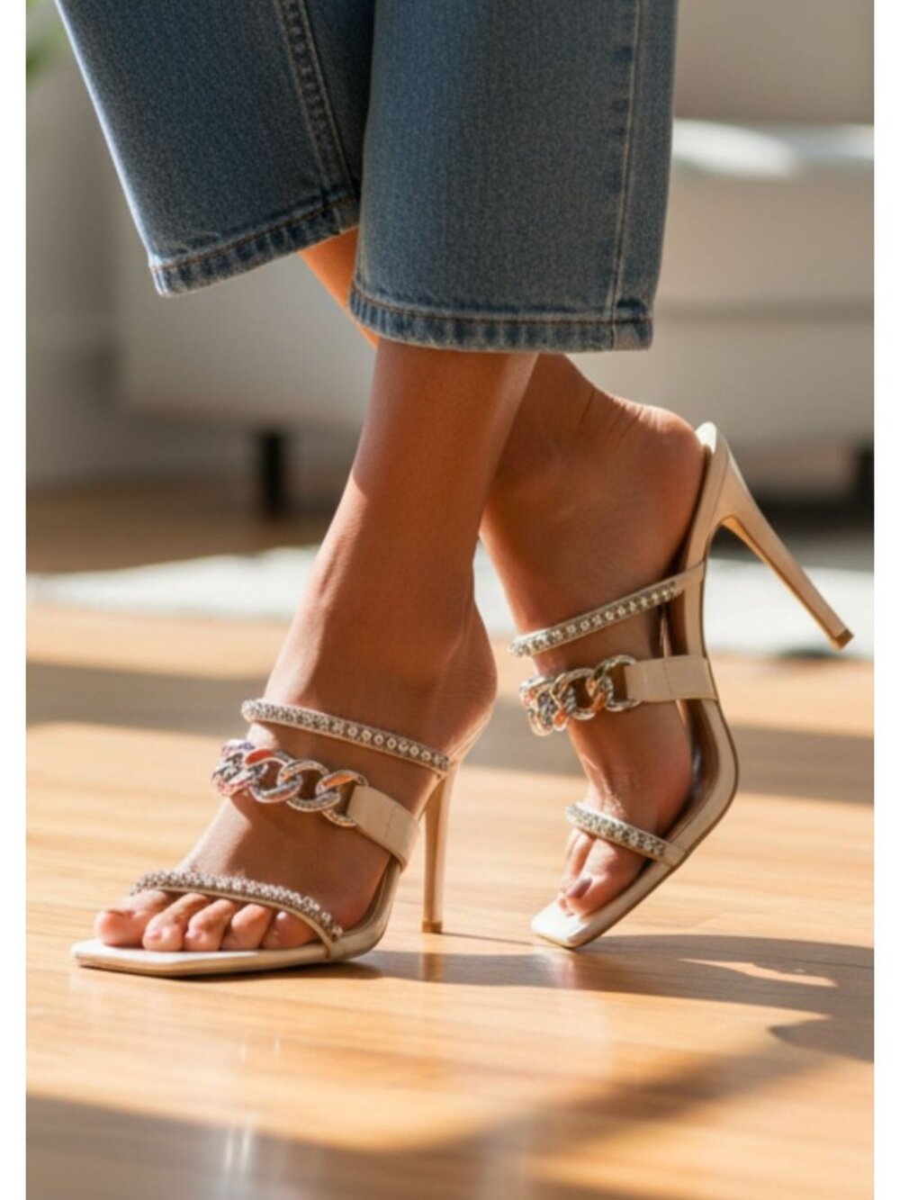 Elegant Rhinestone Chain Strap Stiletto Heels Off White Open Toe Square Toe Desi